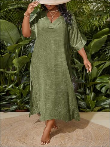 WDIRARA Women's Plus Size Swimwear V Neck Half Sleeve Split Side Cover Up Beach Dress in Kuwait