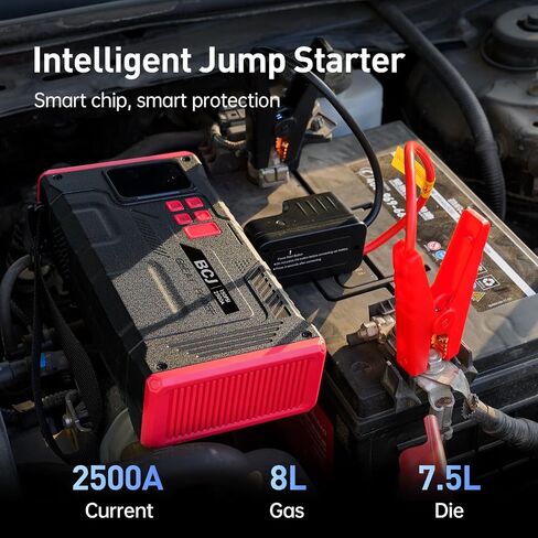 Portable Car Jump Starter with Air Compressor, BCJ 2500A Battery Jump Box with150PSI Digital Air Pump for Tire Inflator, 12V Lithium Battery Jumper Pack Booster for 8L Gas/7.5L Diesel Vehicles in Saudi Arabia