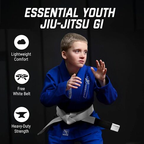 Hayabusa Essential Jiu Jitsu Gi Kids ، Pearl Weave ، يشمل BJJ White Belt و IBJJF متوافق وخفيف الوزن ودائم in Kuwait