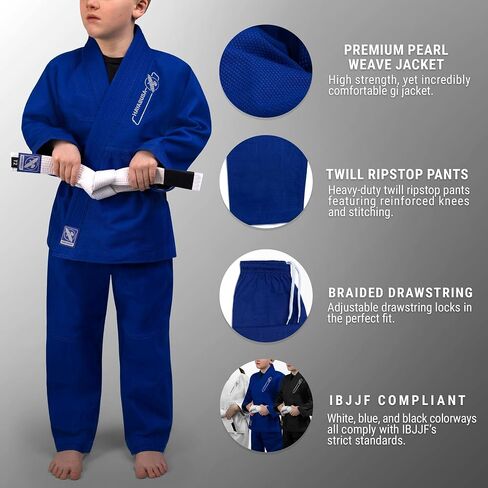 Hayabusa Essential Jiu Jitsu Gi Kids ، Pearl Weave ، يشمل BJJ White Belt و IBJJF متوافق وخفيف الوزن ودائم in Kuwait