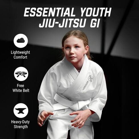 Hayabusa Essential Jiu Jitsu Gi Kids ، Pearl Weave ، يشمل BJJ White Belt و IBJJF متوافق وخفيف الوزن ودائم in Saudi Arabia