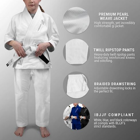 Hayabusa Essential Jiu Jitsu Gi Kids ، Pearl Weave ، يشمل BJJ White Belt و IBJJF متوافق وخفيف الوزن ودائم in Saudi Arabia