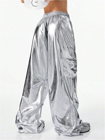 SHENHE Women's Y2k Metallic Cargo Pants Wide Leg Baggy Hip Hop Dance Rave Joggers Trousers in Saudi Arabia