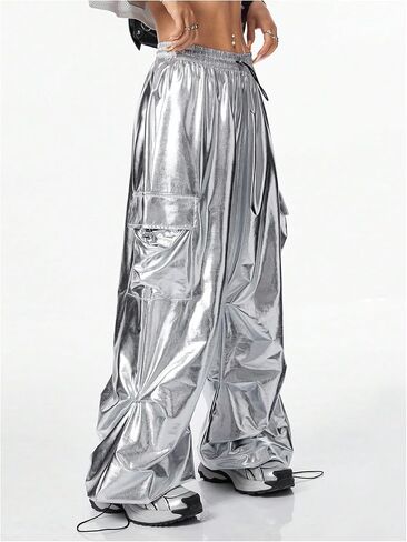 SHENHE Women's Y2k Metallic Cargo Pants Wide Leg Baggy Hip Hop Dance Rave Joggers Trousers in Saudi Arabia