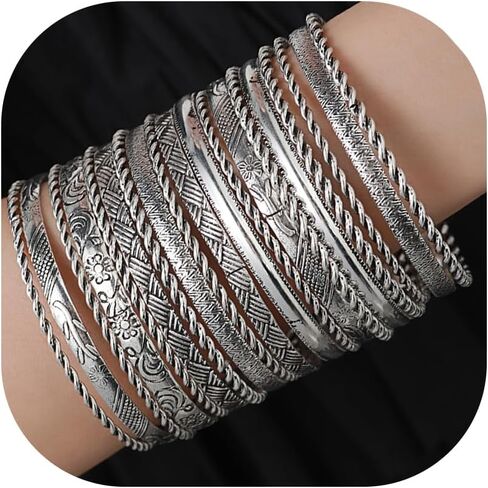 LXSSLY 12Pcs Silver Bangle Bracelets Set for Girls Boho Multi Layer Stack Textured Bracelets Indian Chunky Bangle Bracelet for Women Teen in Saudi Arabia
