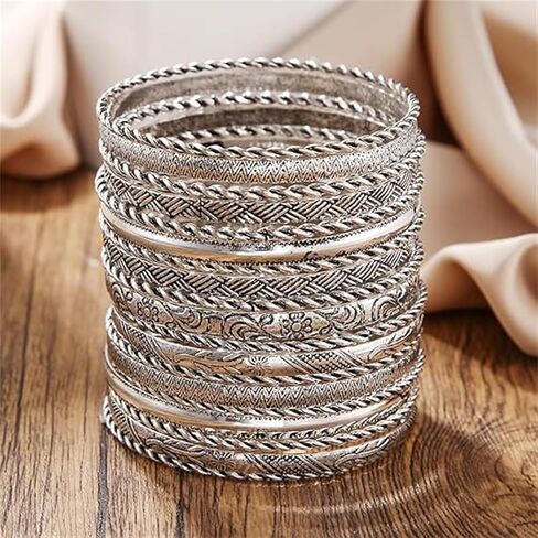 LXSSLY 12Pcs Silver Bangle Bracelets Set for Girls Boho Multi Layer Stack Textured Bracelets Indian Chunky Bangle Bracelet for Women Teen in Saudi Arabia