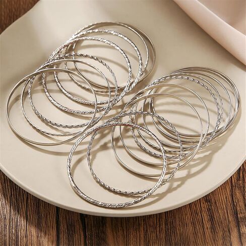 LXSSLY 12Pcs Silver Bangle Bracelets Set for Girls Boho Multi Layer Stack Textured Bracelets Indian Chunky Bangle Bracelet for Women Teen in Saudi Arabia