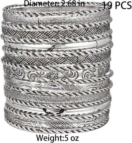 LXSSLY 12Pcs Silver Bangle Bracelets Set for Girls Boho Multi Layer Stack Textured Bracelets Indian Chunky Bangle Bracelet for Women Teen in Saudi Arabia