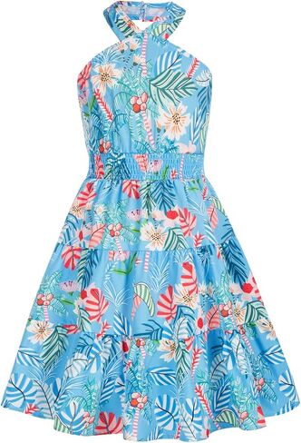 GRACE KARIN Girls Summer Hawaiian Dress Halter Neck Sleeveless Midi Floral Dress 8-10 Years,White and Teal in Saudi Arabia