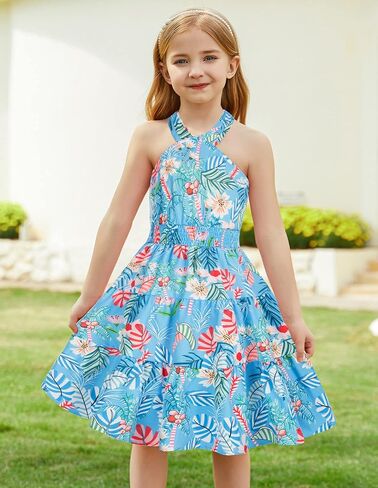 GRACE KARIN Girls Summer Hawaiian Dress Halter Neck Sleeveless Midi Floral Dress 8-10 Years,White and Teal in Saudi Arabia