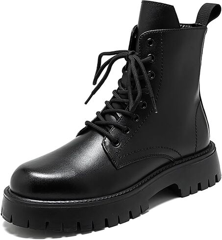 Men'S Black Patent Leather Platform Combat Boots Fashion Side Zipper Wide Toe Lace Up Chunky Lug Sole High Top Motorcycle Boots Comfort Waterproof Non-Slip Casual Ankle Booties in Kuwait
