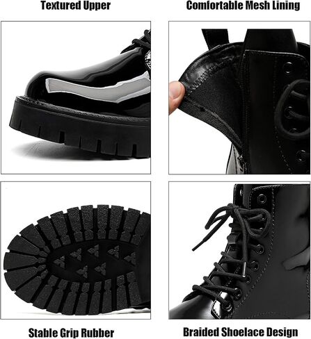 Men'S Black Patent Leather Platform Combat Boots Fashion Side Zipper Wide Toe Lace Up Chunky Lug Sole High Top Motorcycle Boots Comfort Waterproof Non-Slip Casual Ankle Booties in Kuwait