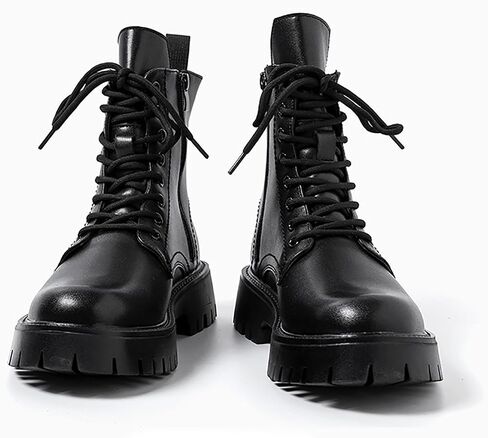 Men'S Black Patent Leather Platform Combat Boots Fashion Side Zipper Wide Toe Lace Up Chunky Lug Sole High Top Motorcycle Boots Comfort Waterproof Non-Slip Casual Ankle Booties in Kuwait