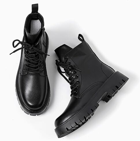 Men'S Black Patent Leather Platform Combat Boots Fashion Side Zipper Wide Toe Lace Up Chunky Lug Sole High Top Motorcycle Boots Comfort Waterproof Non-Slip Casual Ankle Booties in Kuwait