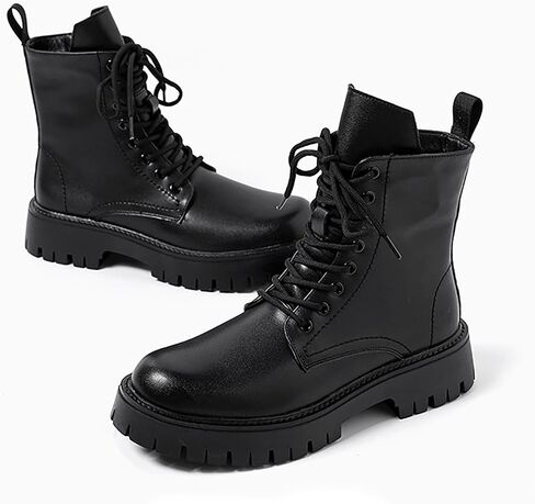 Men'S Black Patent Leather Platform Combat Boots Fashion Side Zipper Wide Toe Lace Up Chunky Lug Sole High Top Motorcycle Boots Comfort Waterproof Non-Slip Casual Ankle Booties in Kuwait
