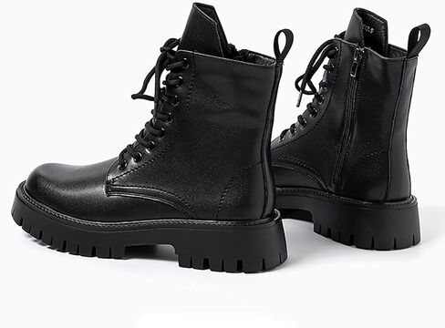Men'S Black Patent Leather Platform Combat Boots Fashion Side Zipper Wide Toe Lace Up Chunky Lug Sole High Top Motorcycle Boots Comfort Waterproof Non-Slip Casual Ankle Booties in Kuwait