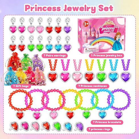 Princess Jewelry Set for Girls with Colorful Necklace Bracelets Rings Earrings Birthday Gifts Party Favors Pretend Play Dress up Costume Friendship Jewelry for Toddler Girls (Heart) in Saudi Arabia