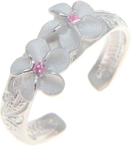 Arthur's Jewelry 925 sterling silver Hawaiian 2 plumeria flower scroll pink cz toe ring in Saudi Arabia