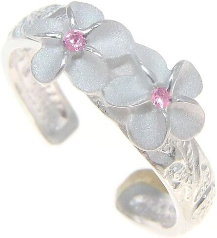 Arthur's Jewelry 925 sterling silver Hawaiian 2 plumeria flower scroll pink cz toe ring in Saudi Arabia