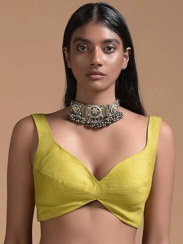 Women's Readymade Blouse For Sarees Indian Designer Banglori Silk Bollywood Padded Stitched Crop Top Choli Yellow in Saudi Arabia
