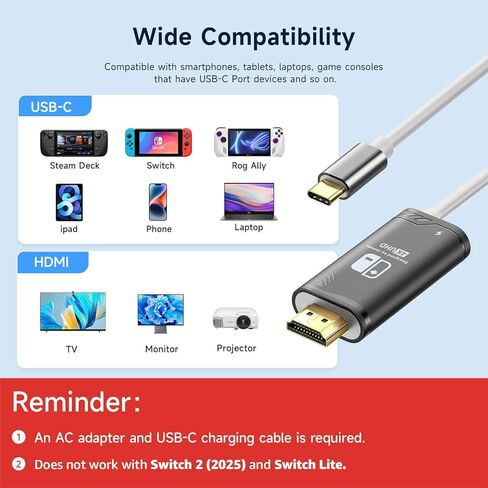 USB C to HDMI Dock Cable with PD100W Charging Port, Portable Switch to TV Connector Adapter for Nintendo Switch NS/OLED Screen Mirroring, 4K@30Hz, 1.2m, Pink in Kuwait