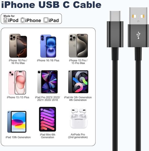 كابل Carplay للسيارة لهاتف iPhone 16 15 16 Pro Max 16 15 Plus، كابل USB A إلى USB C بطول 3 أقدام، سلك Carplay USB C لجهاز iPad 10th Gen iPad Pro iPad Air 5th 4th Mini 6th Gen كابل شحن السيارة in Saudi Arabia