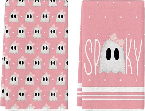 مناشف المطبخ من Artoid Mode Pink Ghost Spooky Halloween، مناشف الأطباق، مقاس 18 × 26 بوصة، مجموعة من 2 مناشف يد مزينة بعقدة على شكل فيونكة in Saudi Arabia