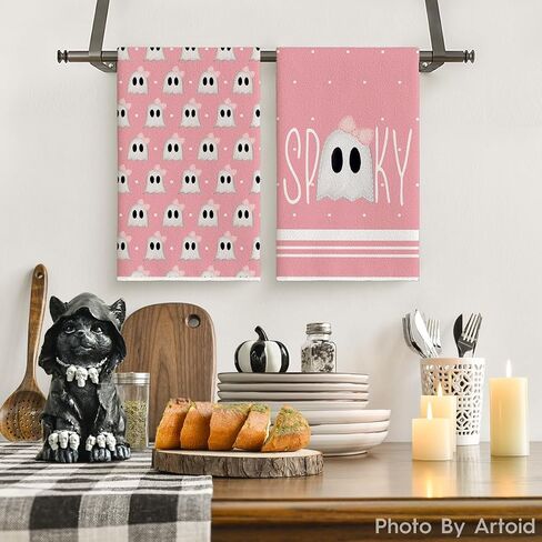 مناشف المطبخ من Artoid Mode Pink Ghost Spooky Halloween، مناشف الأطباق، مقاس 18 × 26 بوصة، مجموعة من 2 مناشف يد مزينة بعقدة على شكل فيونكة in Saudi Arabia
