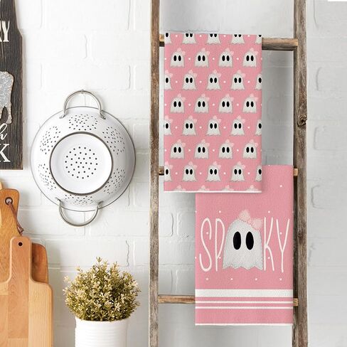 مناشف المطبخ من Artoid Mode Pink Ghost Spooky Halloween، مناشف الأطباق، مقاس 18 × 26 بوصة، مجموعة من 2 مناشف يد مزينة بعقدة على شكل فيونكة in Saudi Arabia