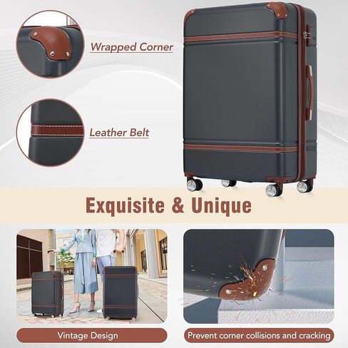 Merax Luggage Set, 3 Piece Luggage with Cosmetic Case, Vintage Hardcase Suitcase with Wheels, Expandable Luggage Airline Approved(Black,20"+24"+28") in Saudi Arabia