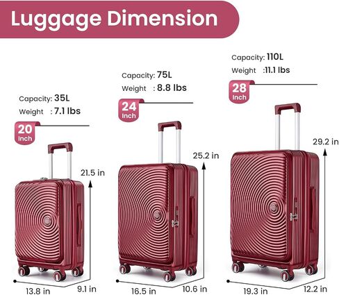 Luggage Sets 3 Piece, Front Open Hardshell Luggage Sets with PVC Cover, Expandable Carry On Suitcase Set with TSA Lock & Double Wheels, PC Lightweight 20in/24in/28in Luggage, Wine Red in Saudi Arabia