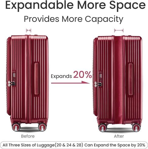 Luggage Sets 3 Piece, Front Open Hardshell Luggage Sets with PVC Cover, Expandable Carry On Suitcase Set with TSA Lock & Double Wheels, PC Lightweight 20in/24in/28in Luggage, Wine Red in Saudi Arabia