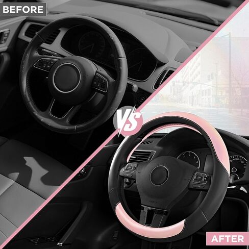 Road Comforts Steering Wheel Cover – Breathable Leather Steering Wheel Cover, Anti-Slip Grip, Universal Fit 14.5" to 15", Heat & Cold Resistant for Cars, SUVs, and Trucks – Black & Pink in Kuwait