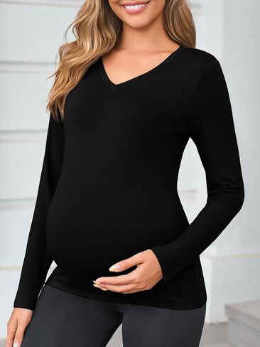 Yousify Womens Maternity Tops V Neck Long Sleeve Fitted Tunic Shirts Casual Basic Tees Mama Pregnancy Clothes in Saudi Arabia