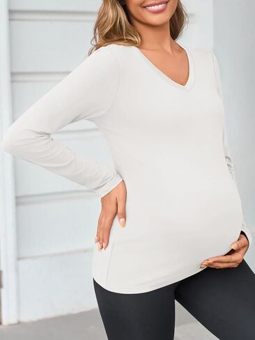 Yousify Womens Maternity Tops V Neck Long Sleeve Fitted Tunic Shirts Casual Basic Tees Mama Pregnancy Clothes in Saudi Arabia