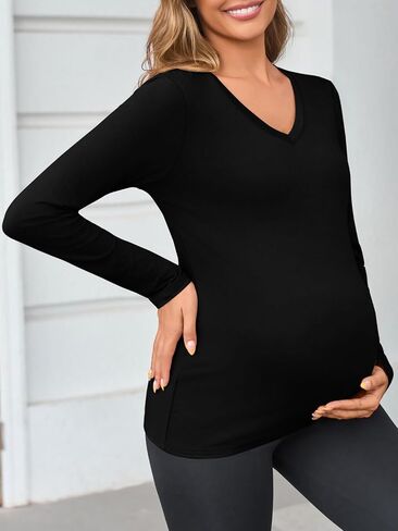 Yousify Womens Maternity Tops V Neck Long Sleeve Fitted Tunic Shirts Casual Basic Tees Mama Pregnancy Clothes in Saudi Arabia