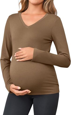 Yousify Womens Maternity Tops V Neck Long Sleeve Fitted Tunic Shirts Casual Basic Tees Mama Pregnancy Clothes in Saudi Arabia
