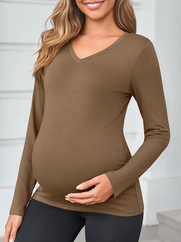 Yousify Womens Maternity Tops V Neck Long Sleeve Fitted Tunic Shirts Casual Basic Tees Mama Pregnancy Clothes in Saudi Arabia