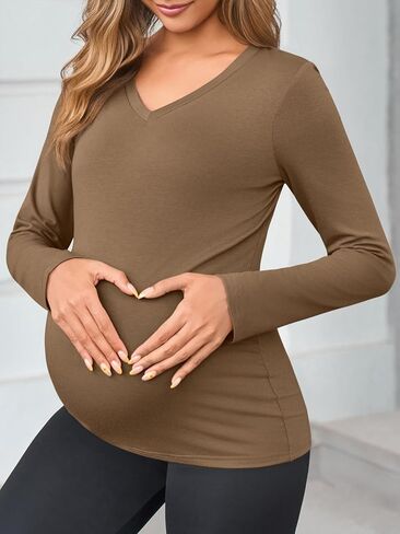 Yousify Womens Maternity Tops V Neck Long Sleeve Fitted Tunic Shirts Casual Basic Tees Mama Pregnancy Clothes in Saudi Arabia