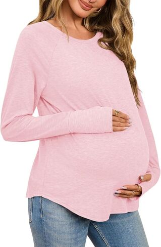 Yousify Womens Maternity Shirts Long Sleeve Round Neck Tops Pregnancy Clothes Loose Fit Casual Blouses with Thumb Holes in Saudi Arabia