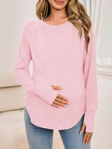 Yousify Womens Maternity Shirts Long Sleeve Round Neck Tops Pregnancy Clothes Loose Fit Casual Blouses with Thumb Holes in Saudi Arabia