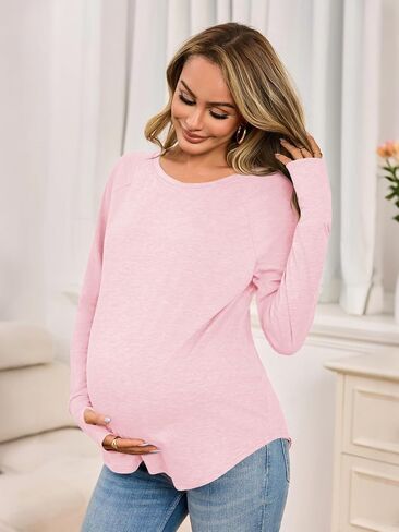 Yousify Womens Maternity Shirts Long Sleeve Round Neck Tops Pregnancy Clothes Loose Fit Casual Blouses with Thumb Holes in Saudi Arabia