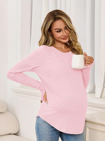 Yousify Womens Maternity Shirts Long Sleeve Round Neck Tops Pregnancy Clothes Loose Fit Casual Blouses with Thumb Holes in Saudi Arabia
