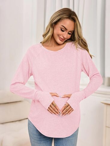 Yousify Womens Maternity Shirts Long Sleeve Round Neck Tops Pregnancy Clothes Loose Fit Casual Blouses with Thumb Holes in Saudi Arabia