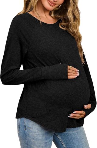 Yousify Womens Maternity Shirts Long Sleeve Round Neck Tops Pregnancy Clothes Loose Fit Casual Blouses with Thumb Holes in Saudi Arabia