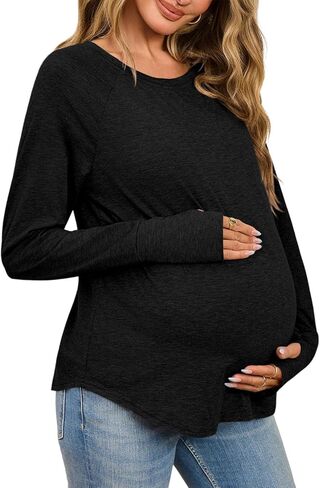 قمصان الأمومة النسائية ذات الأكمام الطويلة حول قمم الحمل بملابس الحمل لائقة بلوزات غير رسمية مع ثقوب الإبهام in Kuwait