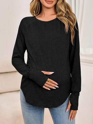 Yousify Womens Maternity Shirts Long Sleeve Round Neck Tops Pregnancy Clothes Loose Fit Casual Blouses with Thumb Holes in Saudi Arabia