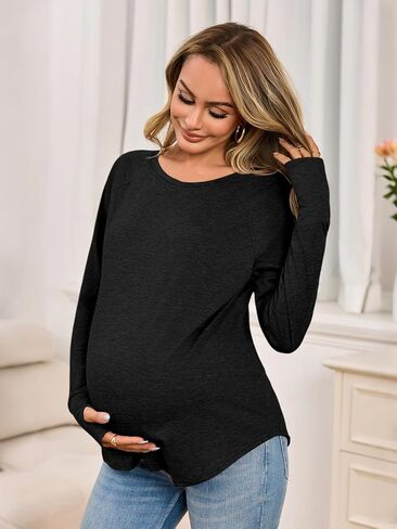 قمصان الأمومة النسائية ذات الأكمام الطويلة حول قمم الحمل بملابس الحمل لائقة بلوزات غير رسمية مع ثقوب الإبهام in Kuwait