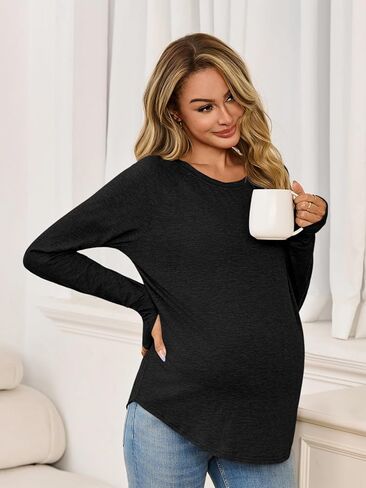 قمصان الأمومة النسائية ذات الأكمام الطويلة حول قمم الحمل بملابس الحمل لائقة بلوزات غير رسمية مع ثقوب الإبهام in Kuwait