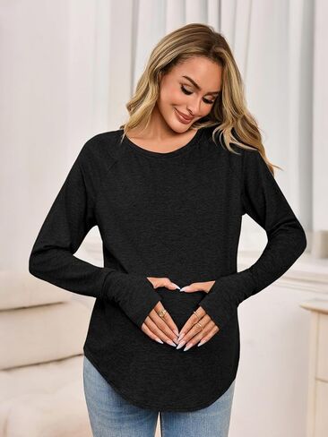 قمصان الأمومة النسائية ذات الأكمام الطويلة حول قمم الحمل بملابس الحمل لائقة بلوزات غير رسمية مع ثقوب الإبهام in Kuwait